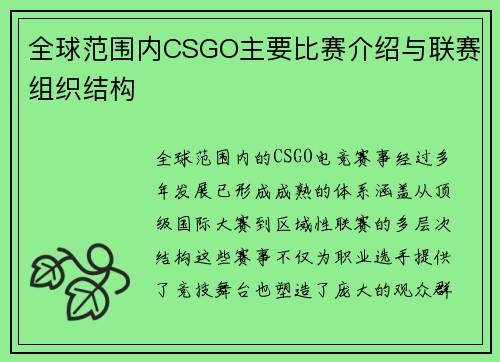 全球范围内CSGO主要比赛介绍与联赛组织结构