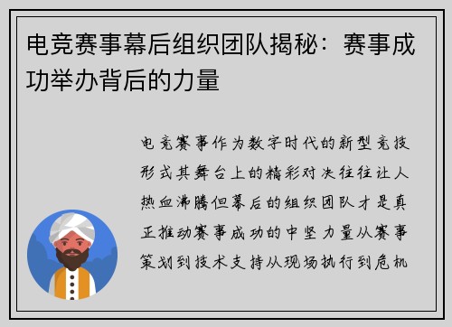 电竞赛事幕后组织团队揭秘：赛事成功举办背后的力量