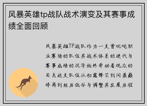 风暴英雄tp战队战术演变及其赛事成绩全面回顾